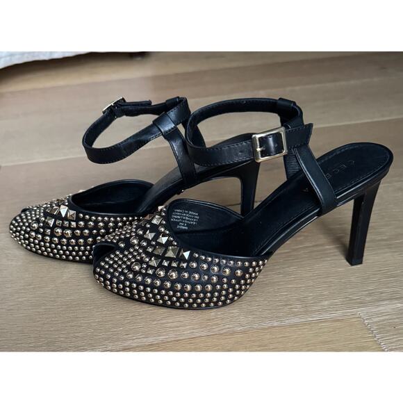 Cecelia New York Birdie Heels Sz 8.5 Black Gold Studded Peep-Toe Ankle Strap - Picture 12 of 13